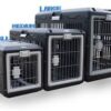 Three heavy-duty charcoal and black airline cargo crates in small, medium, and large sizes