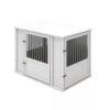 White steel double corner kennel system with vertical bar doors for professional pet housingmission-style slat door that doubles as end table furniture