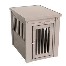 Rustic gray wooden dog crate with mission-style slat door that doubles as end table furniture