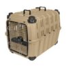 Tan airline-approved pet carrier with top-loading hatch and front wire door
