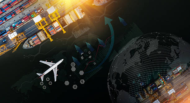 Aerial view of cargo ship loaded with containers next to airplane and digital globe representing global logistics network