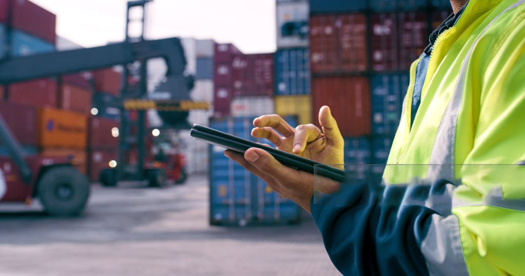 Hand, worker and tablet for shipping outdoor for cargo crane, inventory inspection and delivery safety of logistics. Person, digital and container information, transport service and distribution site