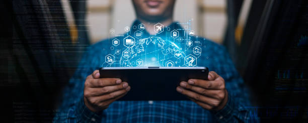 Man using tablet to track package delivery with digital logistics network icons